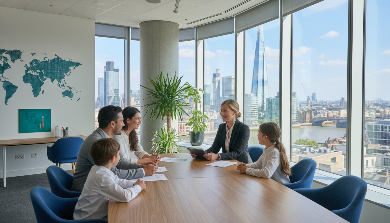 A professional expat family talking to a healthcare advisor in a bright London office with the Shard visible through the window