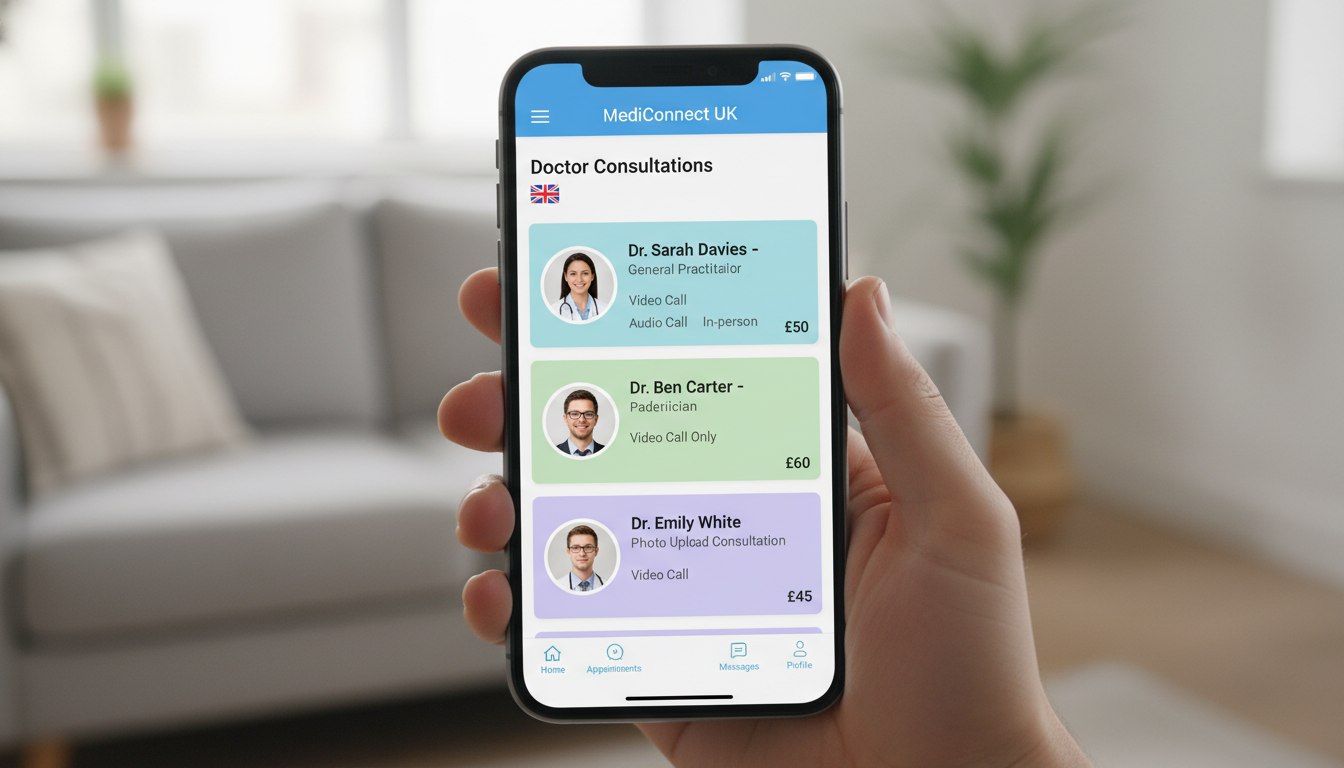 A close-up of a digital healthcare app on a smartphone showing doctor consultation options in the UK