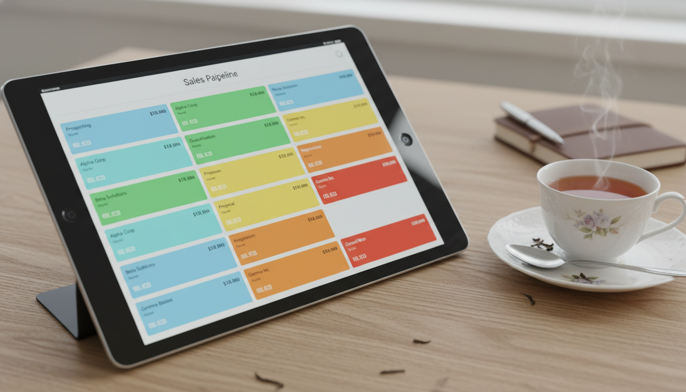 Close-up of a high-tech tablet displaying a clean and colorful sales pipeline interface with various deal stages, sitting on a wooden desk next to a cup of English tea.