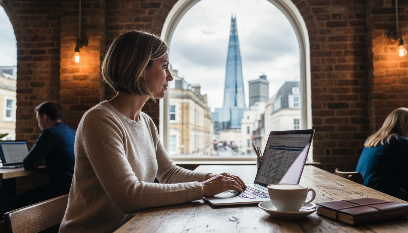 A professional expat entrepreneur sitting in a London cafe with a laptop, looking at the Shard in the distance, high-quality photography.