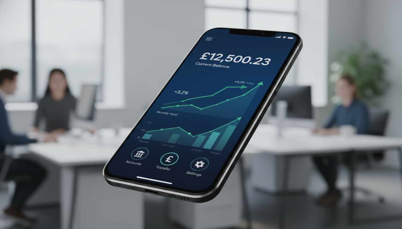 Close-up of a sleek smartphone displaying a modern banking app interface with British Pound symbols and growth charts, blurred office background.