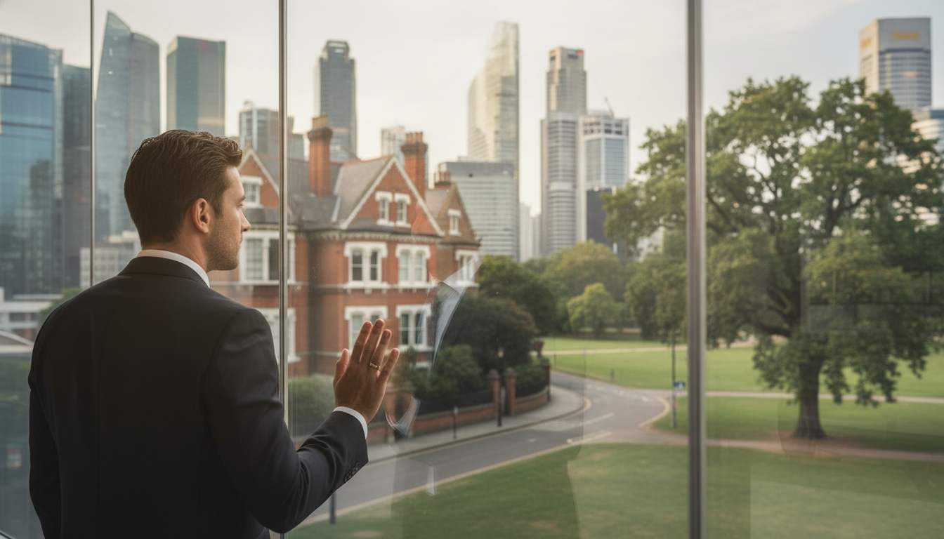 A professional expat looking out of a high-rise office window in a global financial hub like Singapore, reflecting on a classic Victorian townhouse in a London suburb with a lush green park in the background.