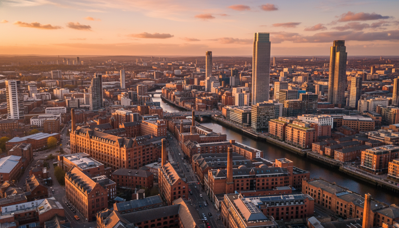 A vibrant aerial view of the Manchester city skyline showing a mix of historic red-brick industrial buildings and sleek modern glass skyscrapers during the golden hour.