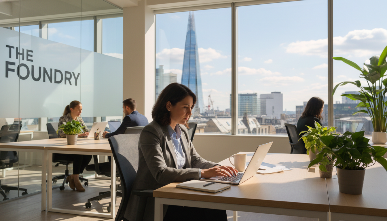 A focused expat entrepreneur working on a laptop in a bright, modern London co-working space with a view of the Shard through the window, professional and inspiring atmosphere.