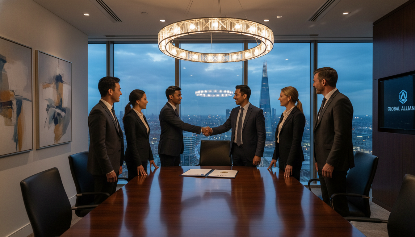 A high-end corporate boardroom in London with a group of diverse professionals shaking hands over a contract, large windows showing the city skyline, cinematic lighting.