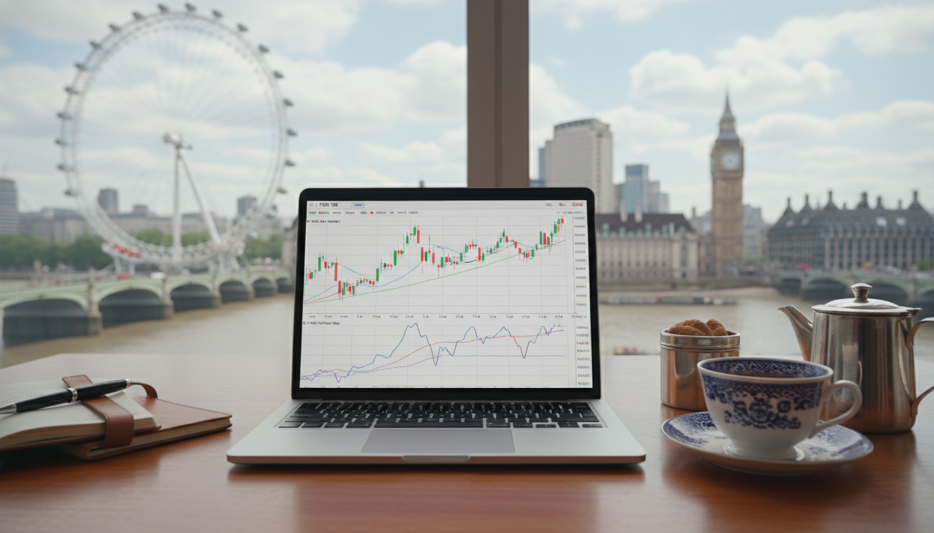 A professional desk setup with a laptop showing financial charts, a cup of English tea, and a view of the London Eye through a window in the background.
