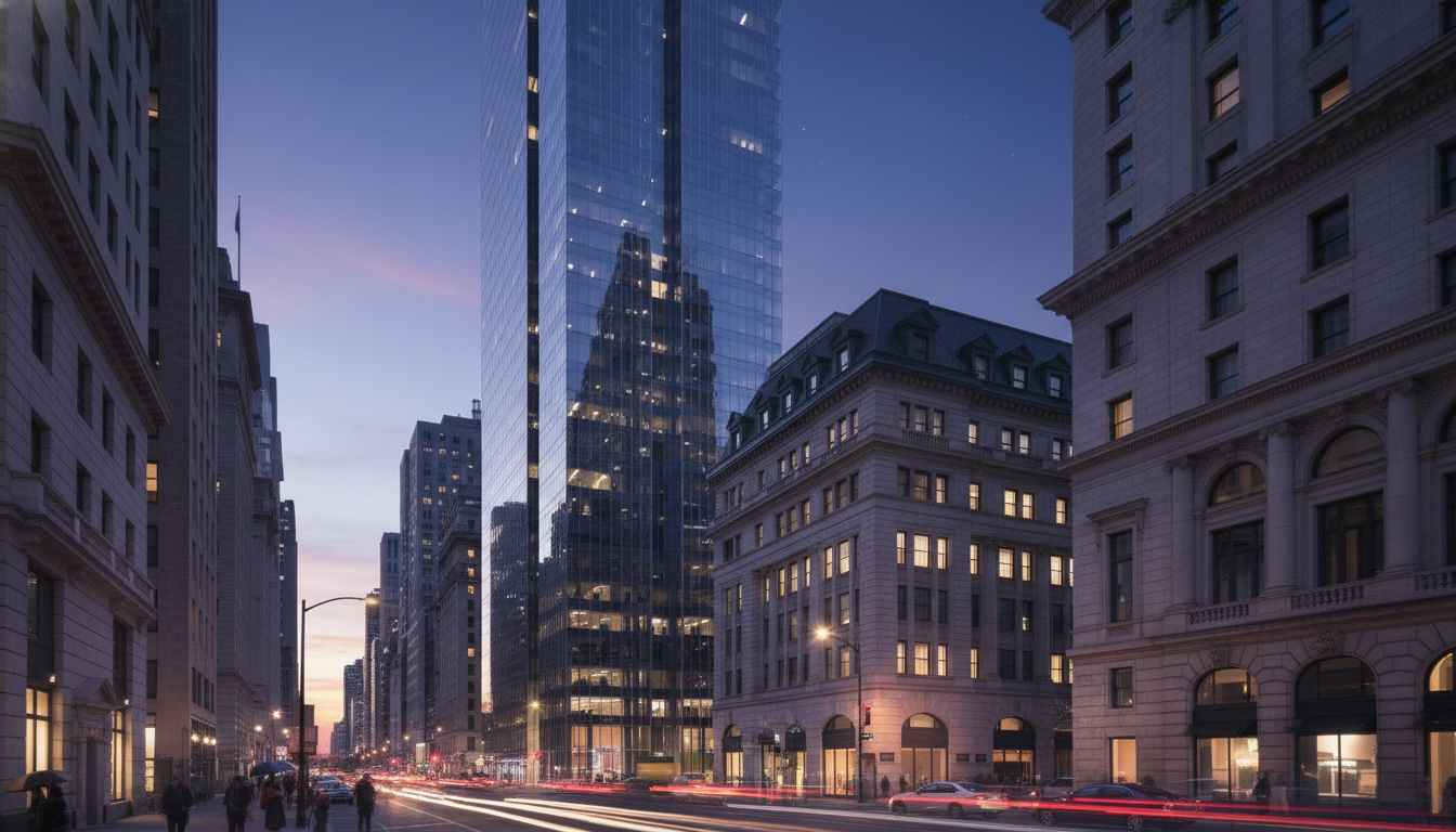A modern office building with glass walls in a bustling city center, reflecting the surrounding historic architecture during the blue hour.