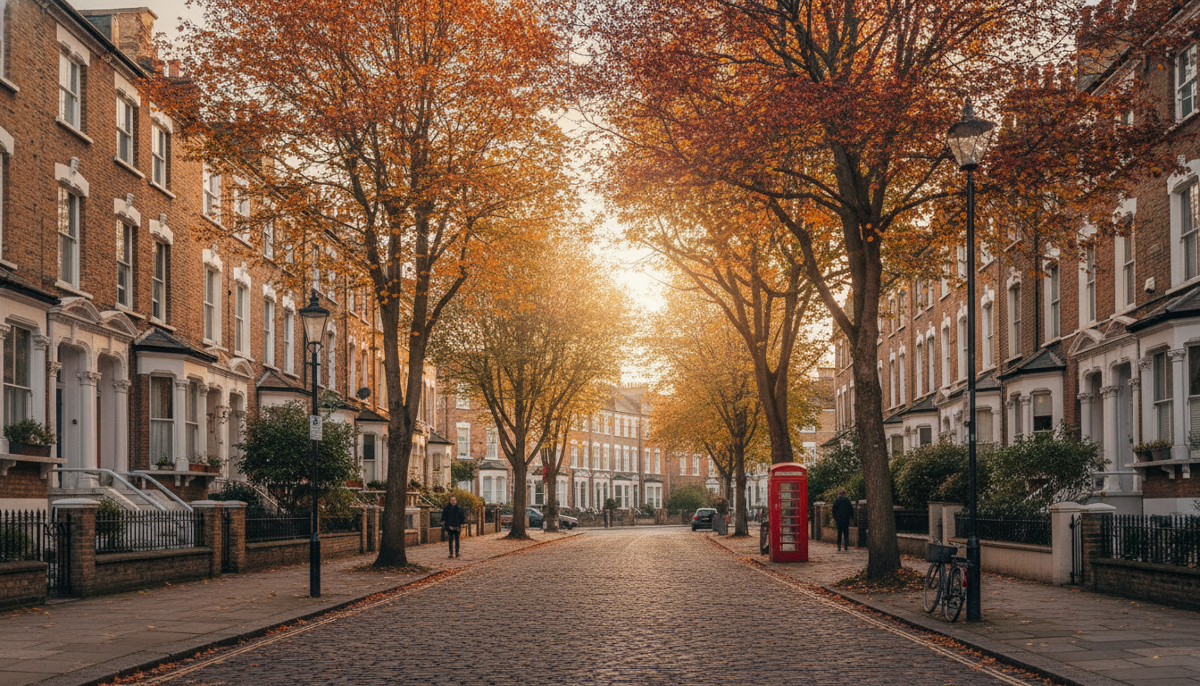 A cozy street of Victorian terraced houses in a leafy London suburb during autumn, soft sunlight filtering through orange leaves, professional architectural photography.