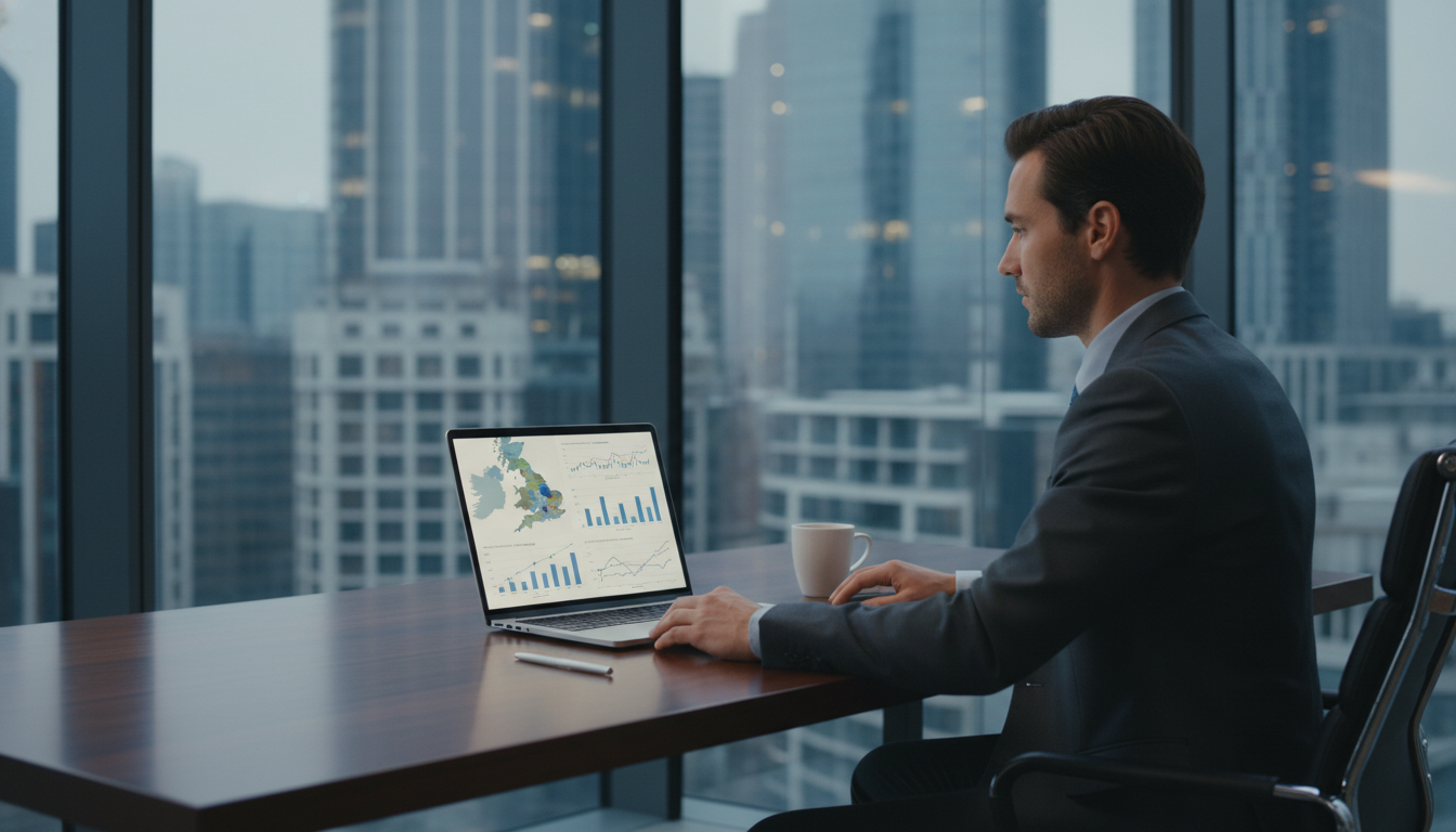A professional person sitting in a modern glass-walled office in a global financial hub, looking at a laptop screen displaying a map of the United Kingdom and mortgage rate charts, high-end corporate aesthetic.