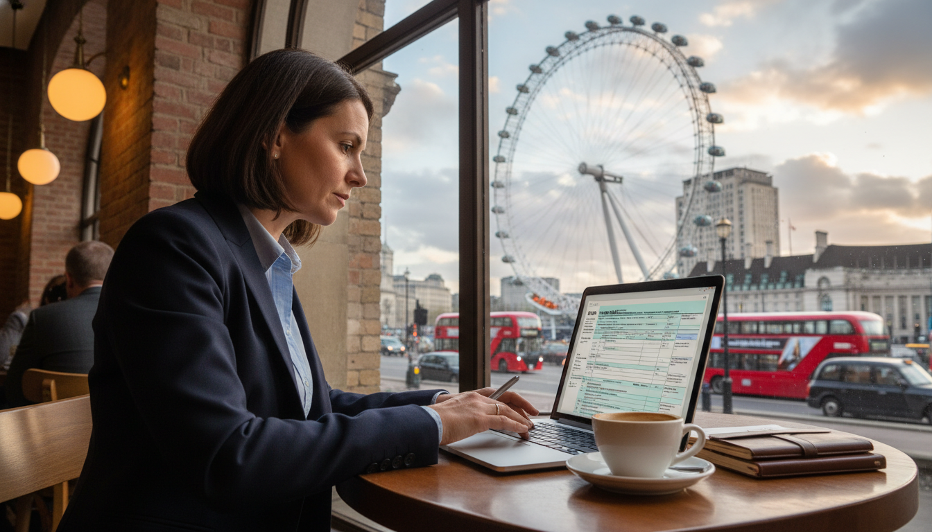 A professional person sitting in a London cafe with a laptop, looking at a split screen showing a US tax form and a UK tax form, with the London Eye visible through the window in a realistic photographic style.