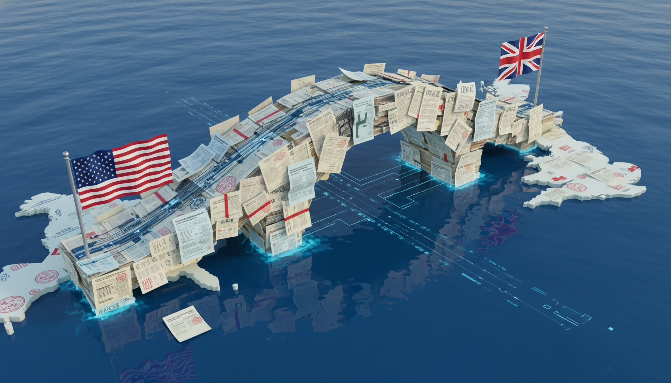A conceptual 3D illustration of a bridge made of tax documents connecting the US flag and the UK flag over an ocean, symbolizing financial cooperation and legal pathways.