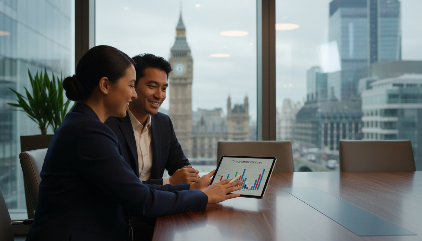 A professional tax advisor sitting across from a diverse couple in a modern London office, pointing at a tablet showing financial charts with a blurred Big Ben in the background window.
