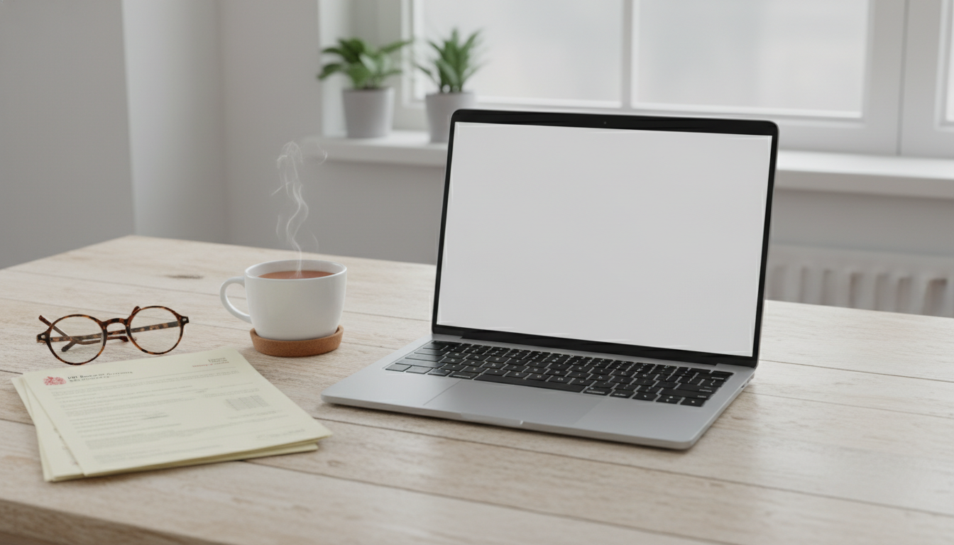 A clean, minimalist workspace featuring a high-end laptop, a cup of Earl Grey tea, some neatly stacked UK tax documents, and a pair of reading glasses on a wooden table.