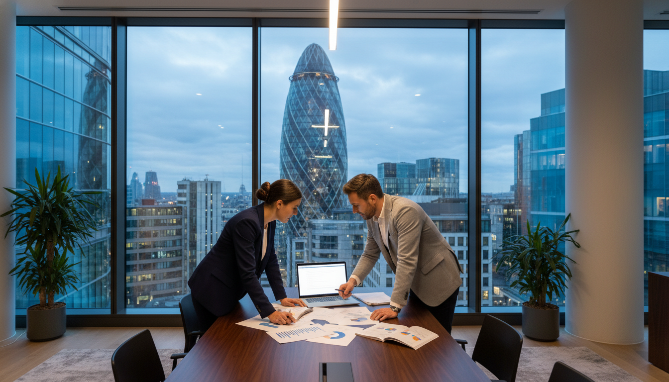 A professional office setting in London with a view of the Gherkin through the window, two people discussing over a laptop and documents on a sleek modern table.