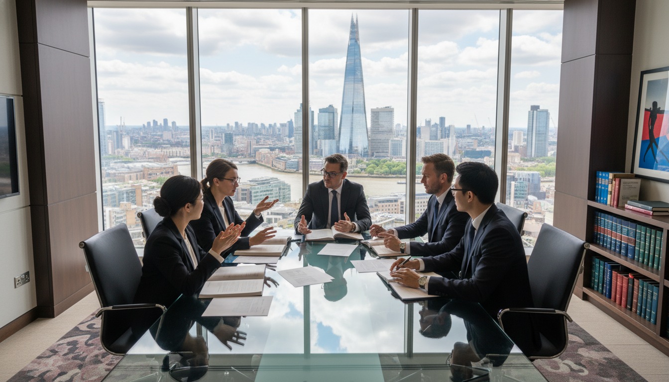 A professional legal office in London with a view of the Shard in the background, featuring a diverse group of lawyers discussing a case around a modern glass table.
