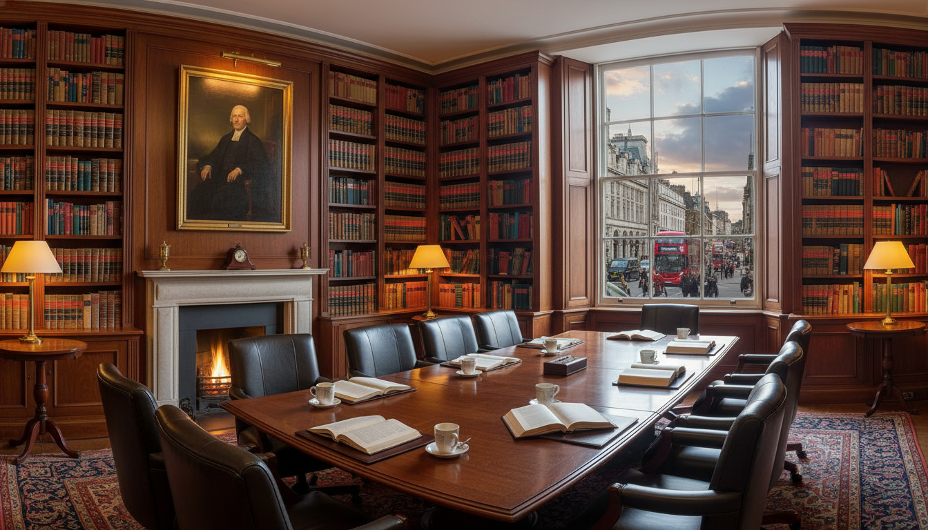 A warm and inviting law firm meeting room with classic wooden shelves filled with law books, and a large window showing a London street scene.