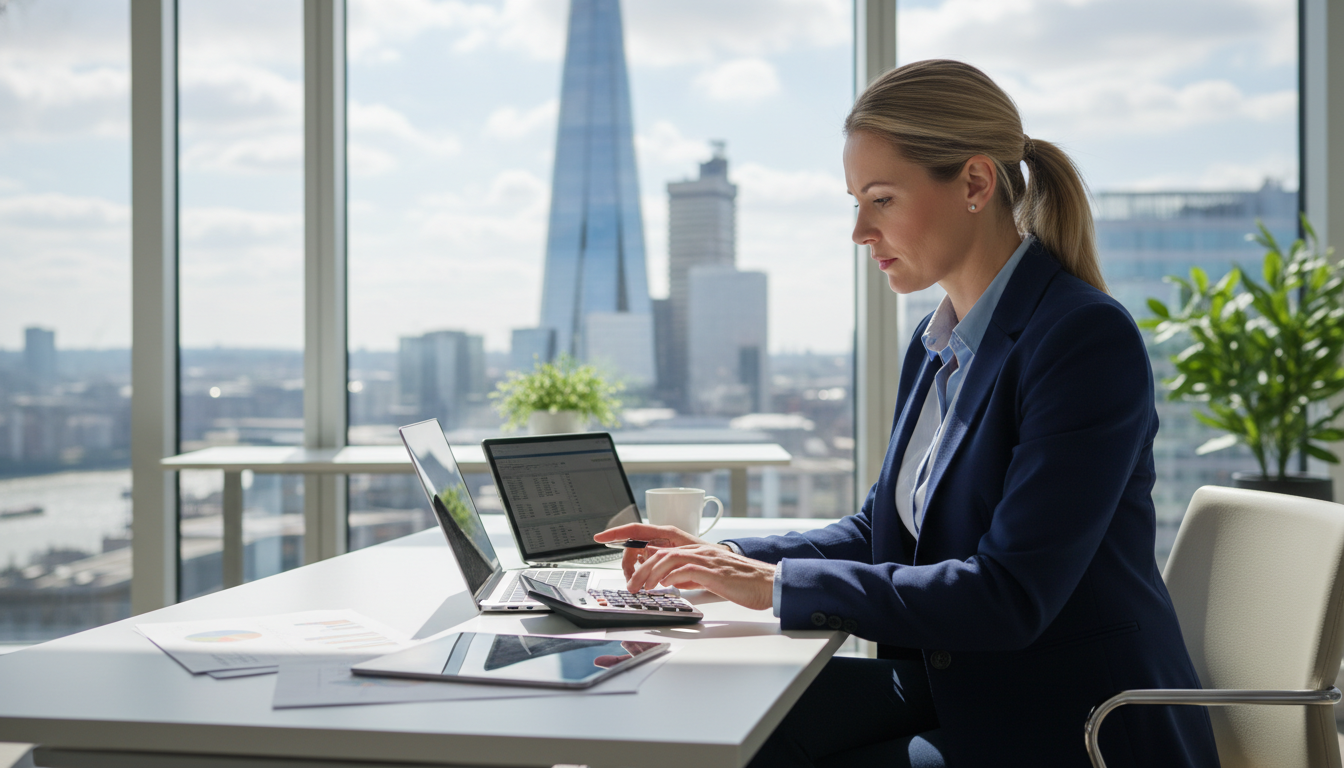 A professional female accountant in a bright London office using a calculator and laptop, with the Shard visible through the window.