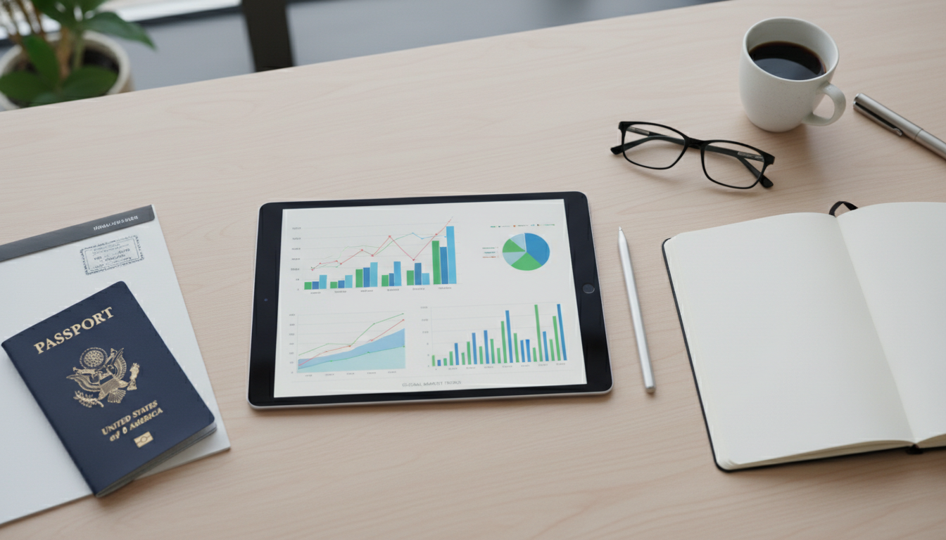 A top-down view of a modern desk with a tablet showing financial graphs, a passport, and a pair of glasses.