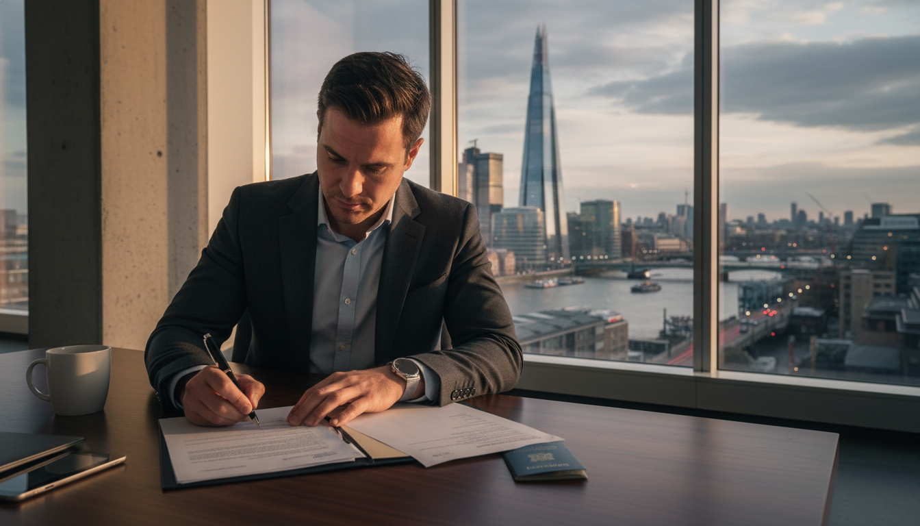 A professional expat entrepreneur signing documents in a modern London office with the Shard visible through the window, cinematic lighting, high quality.