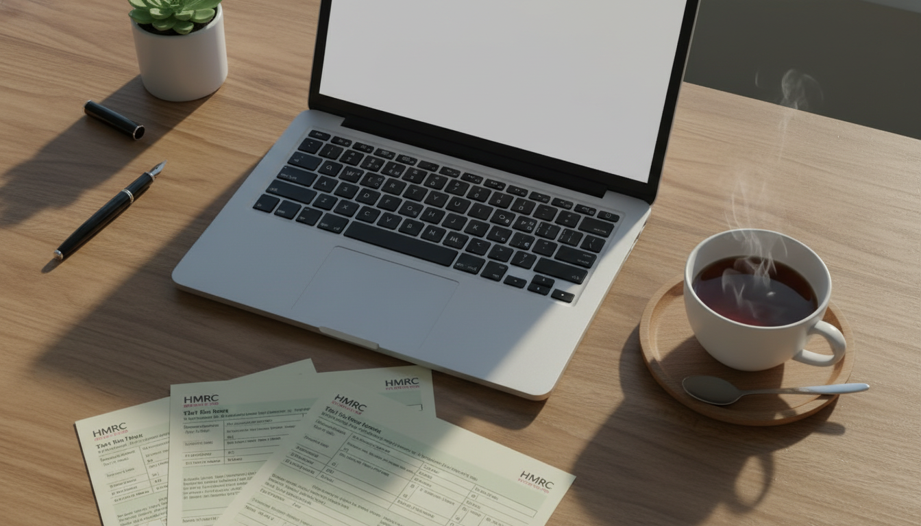 A flat lay of a wooden desk with a laptop, a cup of English tea, and UK tax forms, soft morning light, minimalist style.