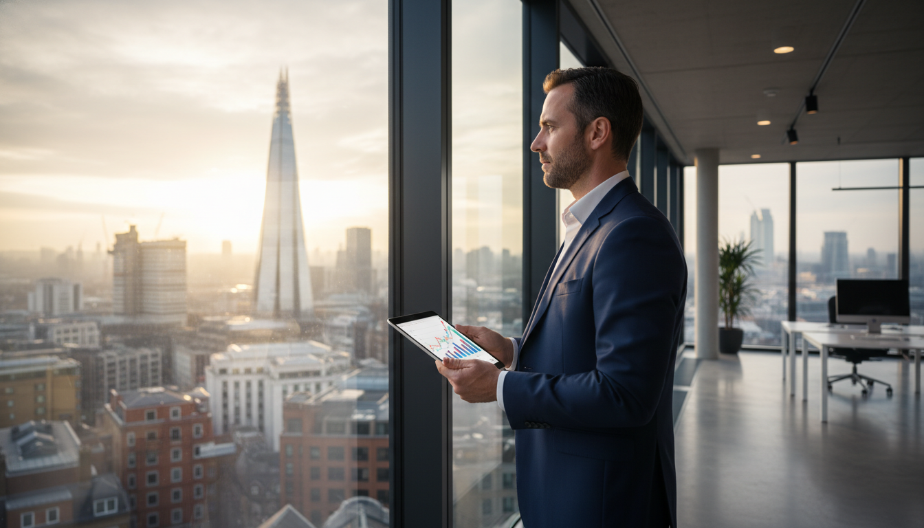 A professional expat entrepreneur looking at the London skyline from a modern office window, holding a tablet with financial charts.