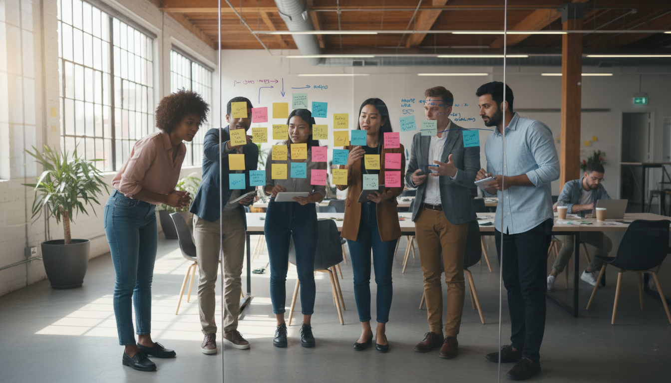 A diverse team of entrepreneurs in a bright co-working space, discussing a project map on a glass wall with post-it notes.