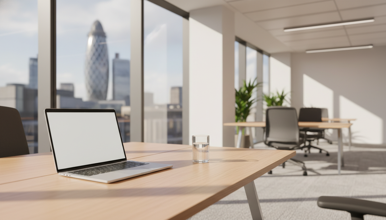 A wide-angle shot of a modern, sunlit office space in London with a blurred view of the Gherkin skyscraper through the window, featuring a sleek laptop and a glass of water on a wooden desk.