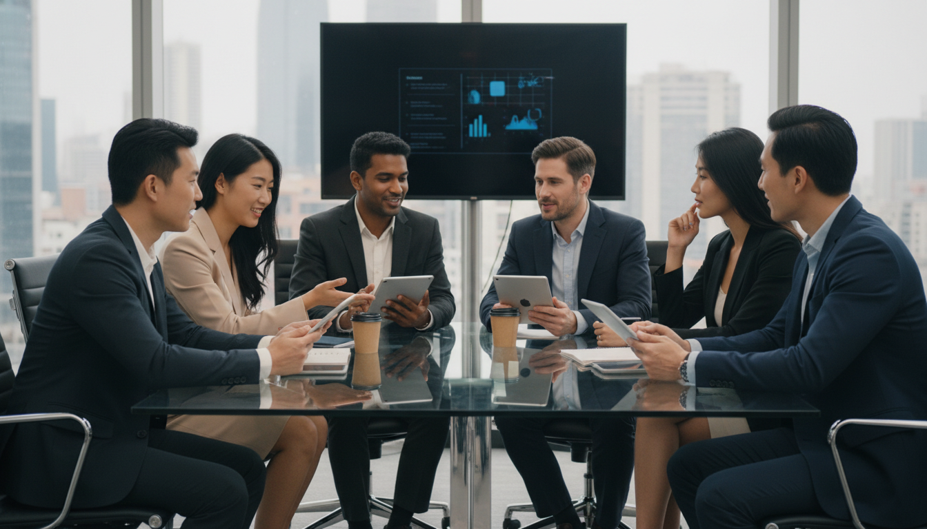 A diverse group of professional entrepreneurs in smart-casual attire sitting around a modern glass conference table, engaged in a collaborative discussion with digital tablets.